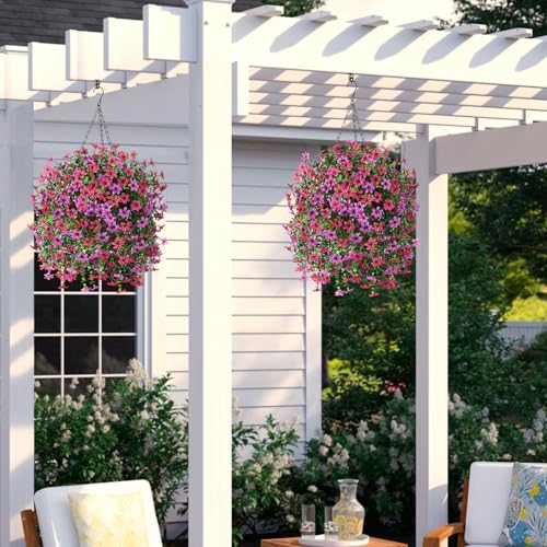 INQCMY Artificial Faux Hanging Flowers Plants Basket for Outdoor Outside Spring Summer Decoration,UV Resistant Fake Silk Daisy in Planter Resistant Look Real for Home Porch Balcony Patio Yard Decor - color: Purple Red Light Purple