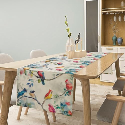 Birds Flowers Spring Table Runner,Watercolor Floral Leaves Seasonal Home Party Kitchen Dining Table Decoration 13x36 in - color: Bird_9, size: 13x36inch