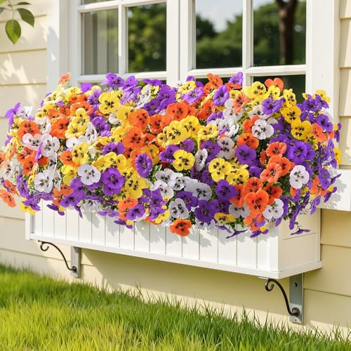 Alupssuc 24 Bundles Artificial Flowers for Outdoors, Fake Spring Flowers for Decoration, UV Resistant Realistic Pansies with Eucalyptus Silk Faux Flowers for Porch Yard, Purple Yellow White Orange - color: Purple, Yellow, White, Orange