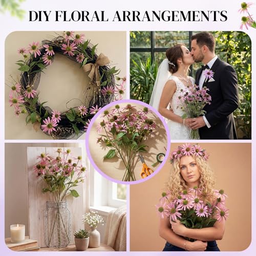 Knitgrip Light Purple 4 Pcs Artificial Coneflowers Stems 29 Inch Faux Echinacea Flowers Branch Realistic Farmhouse Fake Sunflower Floral Bouquet for Home Centerpiece Arrangement Indoor Outdoor Decor - color: Light Purple