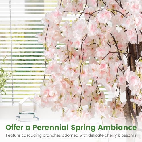 Goplus 5.5FT Artificial Cherry Blossom Tree, Fake Flower Tree, Faux Floral Plant Blooming Tree in Nursery Pot with White Flowers, Tall Potted Artificial Tree for Indoor Home Office Porch Decoration - color: White, size: 1 Pack