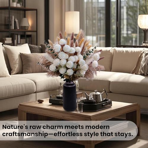 High-End Faux Flower Bouquet with Dried Pampas Grass Decor – Realistic Artificial Flowers Indoor | Faux Peonies, Mums, Ranunculus, Eucalyptus | Dried Floral Arrangements & Vase Fillers for Home Decor - color: White