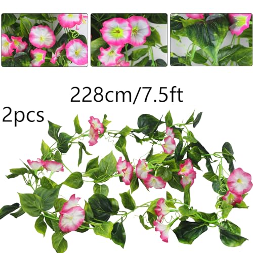CISDUEO 2 Pcs Artificial Vines Silk Morning Glory Vines for Outdoor 15Feet Hanging Plants Garland Pink Fake Green Plant Morning Glories for Home Decor Wall Fence Stairway Wedding Hanging Baskets - color: Pink