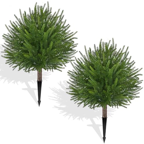 2 Pack 24'' Artificial Norfolk Topiary Ball Trees, Realistic Norfolk Pine Topiary with Spike Fake Ball Shrubs Plants Pot Fillers Outdoor Front Porch Door Garden Yard Decorations - color: Norfolk