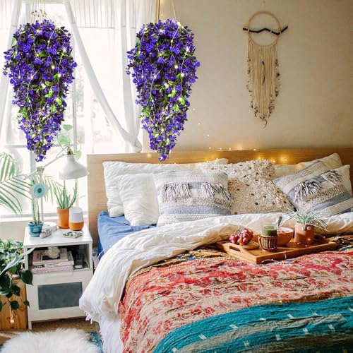 RECUTMS 2Pcs Artificial Hanging Plants Fake Hanging Plants Outdoor Greenery Artificial Hanging Flower for Outdoors Hanging Basket Home Garden Wedding Party Decorations (Lights Purple-Rose) - color: Lights Purple-rose