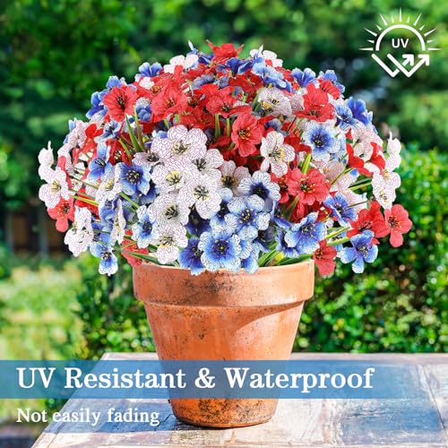 AGIRL 24 Bundles Artificial Flowers for Outdoor,No Fade Fake Plastic Flowers for Garden Porch Window Box Home,Red White Blue Faux Plants for 4th of July Memorial Day Independence Day Patriotic Decor - color: Mix 3 Colors, size: 24