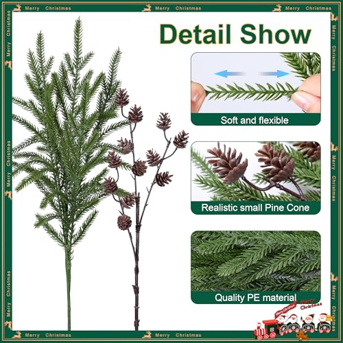 Artificial Christmas Norfolk Pine Stems Branches for Vases,12 Bundles Fake Pine Stems with 2 PCS Small Pinecones Branches Faux Evergreen Real Touch Greenery for Xmas Holiday Winter Table Indoor Decor - color: Small Pine Cones