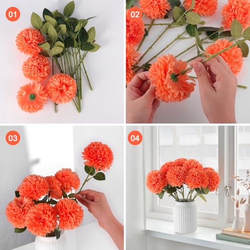 Hananona 12 Pcs Artificial Chrysanthemums Flowers Marigolds Ball Flower, Orange Fake Mums Silk Fall Flowers for Autumn Dia de Los Muertos Home Decor Day of The Dead Table Centerpiece (12, Orange) - color: Orange