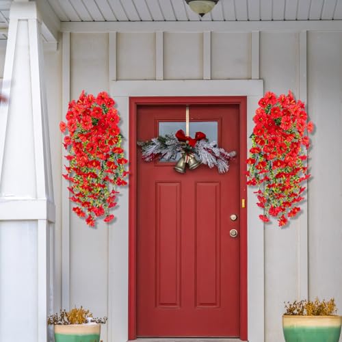 Hanging Morning Glory Artificial Flowers for Outdoors,Faux Plant,Decoration Plastic Flowers for Outside,Garden,Home Decor,Wedding Events,Patio,Porch,Yard(Red,2 Bunches/4Pcs) - color: Red, size: 2 Bunches/ 4Pcs