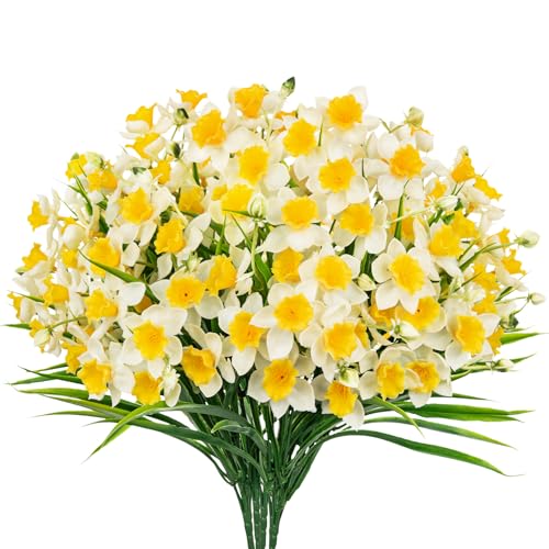 6 Bundles Daffodils Artificial Flowers, 14.2" Faux Daffodils with 90 Flower Heads Real Touch Fake Spring Flower White & Yellow Decorative Flowers Bouquet for Home Wedding Centerpieces Vase Arrangement - color: White, size: 6 Bundles-14.2 Inch
