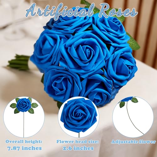 16 Pcs Blue Roses Artificial Flowers | Foam Roses with Stems, Blue Fake Flowers for DIY Wedding Bouquets, Centerpieces, Home Decor - color: Royal Blue