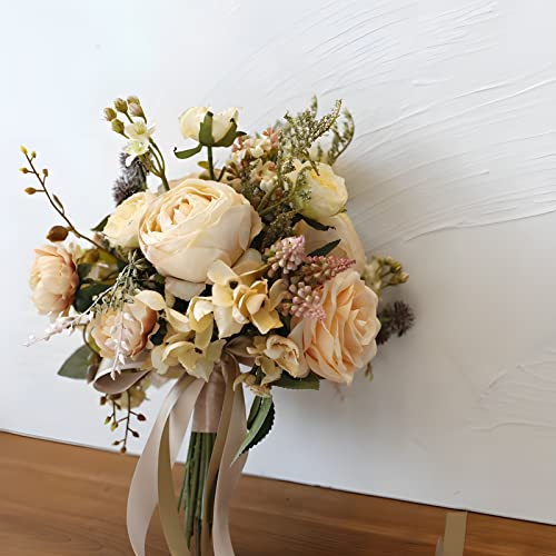 Artificial Wedding Bouquet for Brides Bridesmaid Holding Flower with Greenery Artificial Fabric Rose Wedding Flower Bridal Toss (Champagne) - color: Champagne