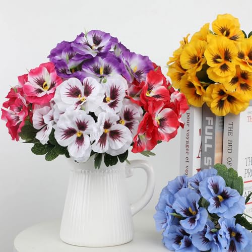 Realistic Silk Pansies Arrangement Colorful Artificial Flower for Home Decoration Table Centerpiece Bookshelf Display Silk Flower Arrangements - color: White