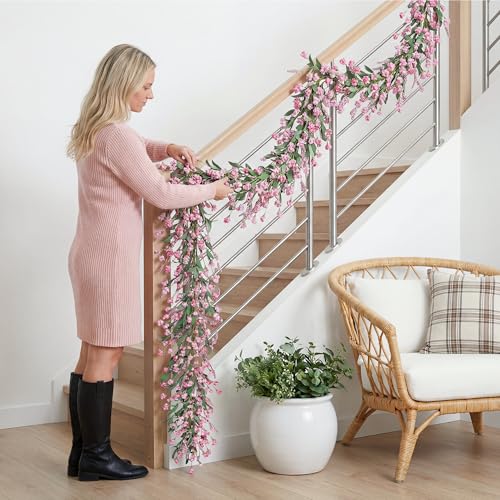 Artgar Flower Garland 6Ft Spring/Summer Garland Floral Garlands for Mantle All Year Round Paper Garlands Decor for Indoor Outdoor Home Wedding Arch Porch Stair Backdrop Year Round Decor (Pink) - color: Pink (6ft)