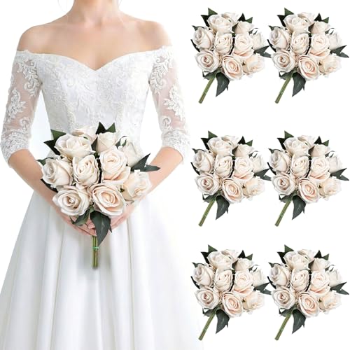 Set of 6 Pre-Made Artificial Rose Bouquets for Wedding, Velvet Silk Rose Bouquets for Bridesmaids, Fake Realistic Rose for Mohter's Day Valentine's Day Proposal Party Home Decor (Champagne) - color: Champagne