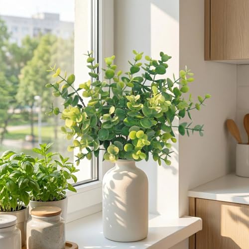 12" Artificial Sage Eucalyptus Stems Potted Plant - Realistic Small Fake Desk Plants for Office Home Decor, Faux Plants in Frosted Ceramic Vase for Indoor Spaces, Table Decor（7 pcs） - color: Sage Green Eucalyptus
