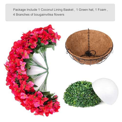 Artificial Fake Hanging Flower Plants Basket for Outdoors Spring Summer Decoration, Faux Bougainvillea Flowers in Planter Look Real UV Resistant Silk Flower for Outside Porch Patio Garden Home Decor - color: Hotpinkred