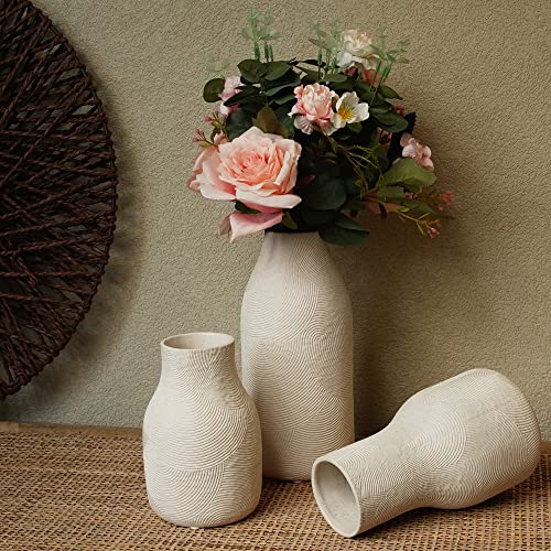 Ceramic Vases for Home Decor - Matte White Textured Vase Set of 3, Decorative Vases for Flowers, Pampas Grass Arrangement, Table Centerpieces, Office and Living Room Boho Decor - color: Textured Vase