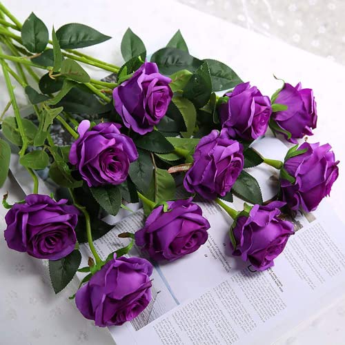 Laelfe 12 pcs Artificial Roses Flowers Long Stem Fake Silk Rose for Home Wendding Decorations (Purple) - color: Purple