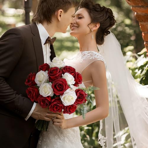 Veryhome Artificial Flowers Silk Roses Real Touch Bridal Wedding Bouquet for Home Garden Party Floral Decor 10 Pcs (Blooming Rose - Gradient Burgundy Red) - color: Blooming Rose - Gradient Burgundy Red