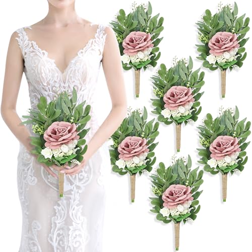 8 Inch Bridesmaid Bouquets Set of 6 - Artificial Flowers Greenery Bouquet for Wedding, Small Floral Bouquet for Ceremony Anniversary Marriage Proposal Centerpiece Decorations - Dusty Pink - color: Dusty Pink, size: 6pcs