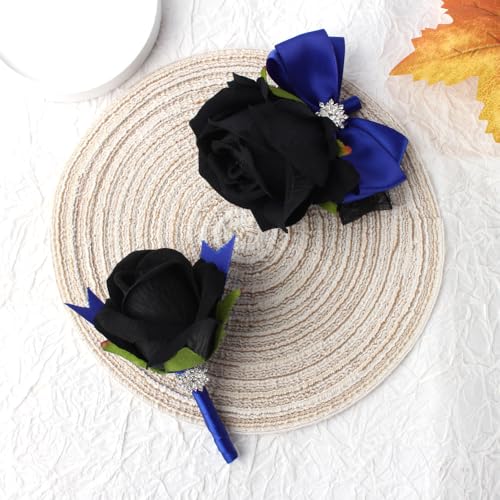 Black Rose Wrist Corsage and Boutonniere Set Rose Corsage Wristlet for Wedding Prom Party Homecoming Decoration Set of 2 (Blue and Black) - color: Blue and Black