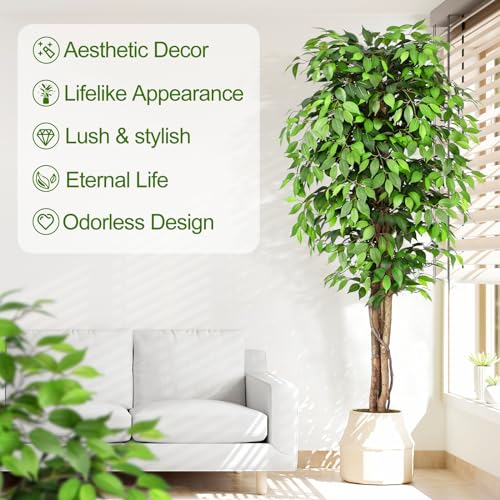 7ft Large Ficus Artificial Trees with Natural Curved Trunks, 84" Tall Lush Faux Tree for Home Decor Indoor, Green Lifelike Fake Ficus Tree Artificial Plants in Pot - size: 7.2ft