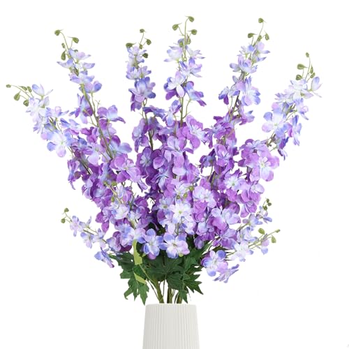 6Pcs Artificial Delphinium Flowers 37.4’’Purple Fake Larkspur Flowers Silk Flowers with Long Stems for Tall Vase Table Centerpiece Home Wedding Party Garden Decor(Purple) - color: Purple