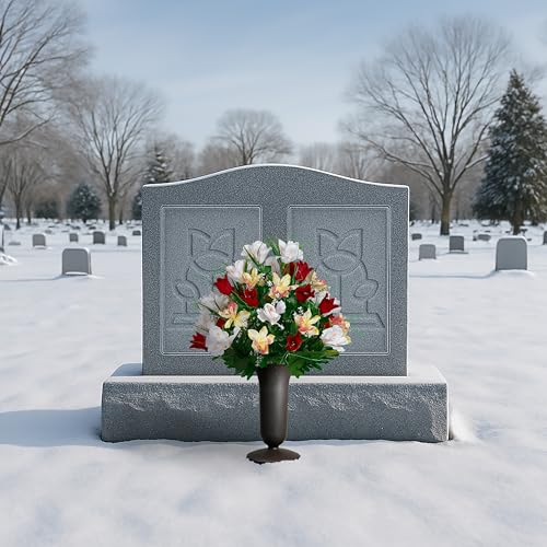 Sympathy Silks Artificial Cemetery Flowers - Grave Decoration - Red Tulips and White Iris (1) Bouquet (1) Vase - color: Red/White, size: (1) Bouquet (1) Vase