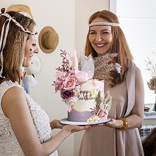 Natural Boho Cake Topper Vintage Artificial Flowers Leaves Various Dried Pampas Grass Cake Decor for Wedding Bridal Birthday Party Supplies (Pink) - color: Pink