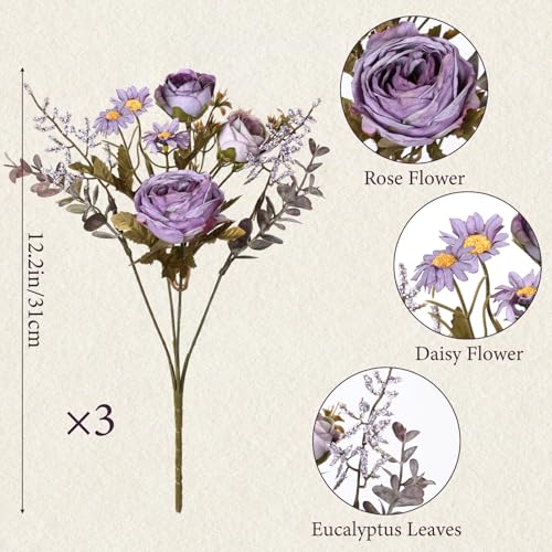 Fake Roses Artificial Flowers 3 PCS Purple Roses Artificial Flowers for Decoration Vintage Roses Silk Mini Rose with Daisy Floral Bouquet for Vase Centerpiece Table Wedding Party Bridal Decor - color: Purple, size: 3PCS