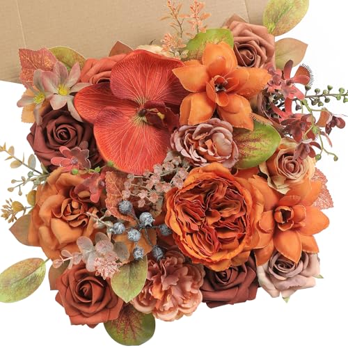 Burnt Orange Artificial Flowers Set - Fake Roses, Peonies, Silk Flowers with Stems for DIY Wedding Bouquets,Floral Arrangement,Table Centerpieces,Baby Shower, Home Decor - color: Burnt Orange