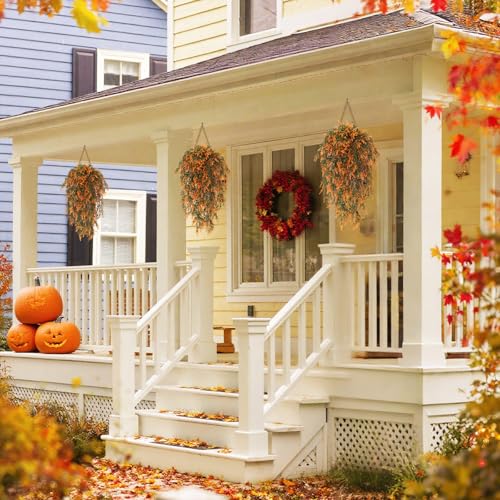 SJL Artificial Hanging Flowers for Outdoors Fall Artificial Hanging Plants Fake Greenery UV Resistant Fake Plant Fall Faux Lavender Flower Faux Vines for Thanksgiving Garden Kitchen Decor 4Pcs(Salmon) - color: Salmon Laven