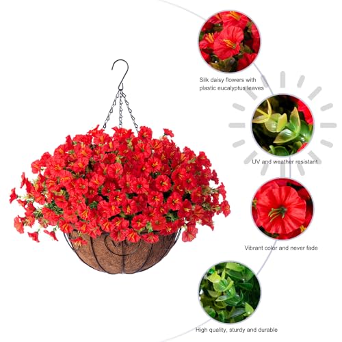Ivydale Artificial Faux Hanging Flowers Plants Baskets for Outdoors Outside Spring Decoration, Fake Silk Red Morning Glory UV Resistant Look Real for Front Door Porch Patio Balcony Yard Garden Home - color: Red