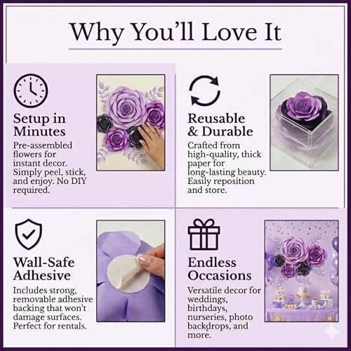 Rainbows & Lilies 10pc Large Paper Flowers Decorations for Wall – 3D Flower Wall Backdrop for Nursery, Girls Room, Baby Shower, Wedding, Bridal Shower – Pre-Assembled Reusable Purple Rose Decor Set