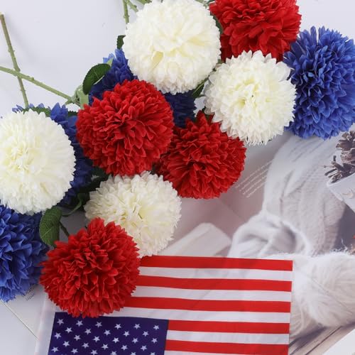 Hananona 12 Pcs Artificial Chrysanthemums Flowers Patriotic Flower, 4th of July Fake Mums Flowers Silk for Home Decor Indoor Memorial Day Table Centerpiece Vase not Included (12, Red, White, Blue) - color: Red, White, Blue