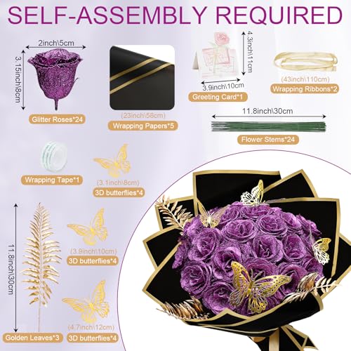 Glitter Roses Bouquet - DIY Artificial Flower Bouquet Kit with Fake Rose Butterfly Stems Cards for Gifts Mother's Day Valentine's Day Anniversary Birthday, 24 Roses, Purple - color: Purple