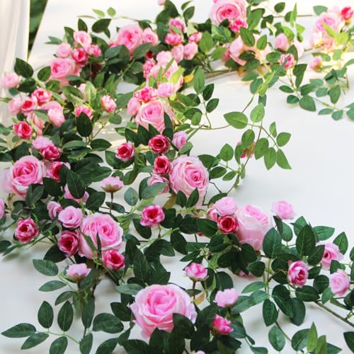 2 PCS 12FT Bendable Flower Garland, Artificial Rose Vine Hanging Floral Garland Decoration for Weding Home Room Wall Decor (Pink) - color: Pink, size: 2pcs