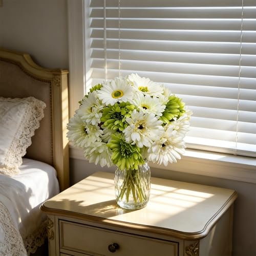 16Pcs White Green Artificial Flowers Gerbera Daisy Bulk, Fake Silk Flowers Arrangements, Lifelike Faux Daisy for Wedding Bouquet Table Centerpiece Home Decor - color: White