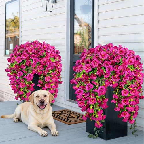 Artificial Hanging Flowers for Outdoors Decor, Fake Silk Hibiscus Long Trailing Vines UV Resistant Realistic Flowers Plants for Outside Front Door Porch Patio Balcony (Fuchsia, 4 pcs) - color: Fuchsia, size: 4 pcs