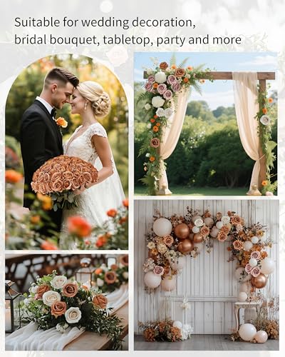 DuHouse 50pcs Artificial Fall Silk Roses with Stems,Fake Flowers for Wedding Decorations, Table Centerpieces, Bridal Bouquets, DIY Floral Arrangements, Party & Home Decor (Burnt Orange-A) - color: Burnt Orange-a