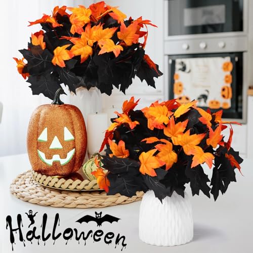 XunYee 8 Pcs Halloween Black Maple Leaves Branches Halloween Flowers Artificial Fall Autumn Leaves Stems Bouquet for Thanksgiving Holiday Floral Arrangement Table Centerpiece Home Decor