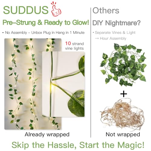 suddus 300 LED Vines with Lights Plug in, 9.8ft x 9.8ft Fairy Lights with Vines, Pothos Curtain Lights for Wall, Bedroom, Dorm, Wedding, Party, Indoor, Outdoor Decor(Warm White) - color: Pothos, size: Plug In-300Led