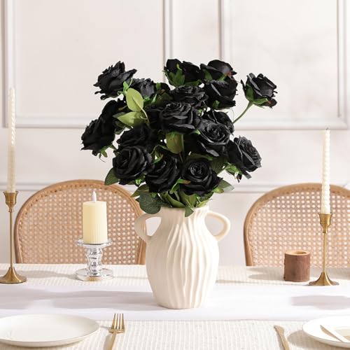 Nubry 24pcs Artificial Black Roses, Fake Silk Roses Flower with Long Stems, Realistic Flowers for Bridal Wedding Party Table Centerpiece Home Decor - color: Black