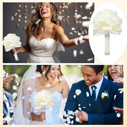 Jutom 10 Pack Wedding Bouquets for Bride Roses Bridesmaid Bouquet Bridal Bouquet Flowers Wedding Hand Holding Bouquet with Diamond Soft Ribbons for Engagement Bridal Shower Church Party (Cream) - color: Cream