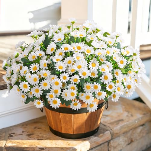 Daisy Artificial Flowers for Outdoors Decoration, 6 Bundles Fake Plants Flowers Bouquet White Faux Flowers for Outdoor Planter Look Real UV Resistant Silk Flowers for Outside Front Door Porch Patio - color: White