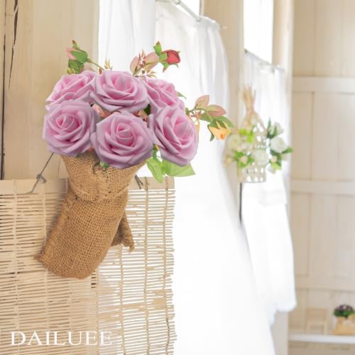 Artificial Roses Flowers 25Pcs Real Touch Roses with Stem Foam Fake Roses for DIY Wedding Bouquets Centerpieces Arrangement Party Baby Shower Home Decorations (Pink) - color: Pink