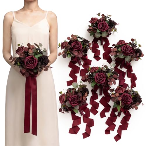 Ling's moment Red Bridesmaid Bouquets Set of 6,Burgundy & Black Baccara Artificial Wedding Flower Bouquets Floral Bouquet Bridesmaid Bouquets with Ribbon,Ceremony,Anniversary,7-inch Diameter - color: Rd-burgundy & Black Baccara