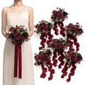 Ling's moment Red Bridesmaid Bouquets Set of 6,Burgundy & Black Baccara Artificial Wedding Flower Bouquets Floral Bouquet Bridesmaid Bouquets with Ribbon,Ceremony,Anniversary,7-inch Diameter - color: Rd-burgundy & Black Baccara