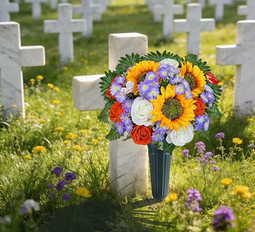 Artificial Cemetery Flowers for Grave,Memorial Flowers Bouquet with Vase for Headstones Decoration,Bright and Vibrant Sunflower Rose Daisy - color: Orange-purple